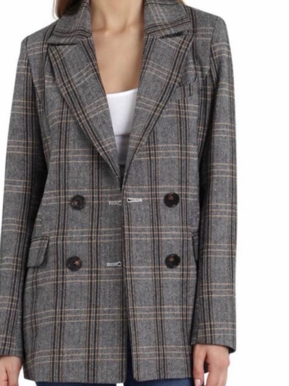 Avec Les Filles Double Breasted Plaid Blazer